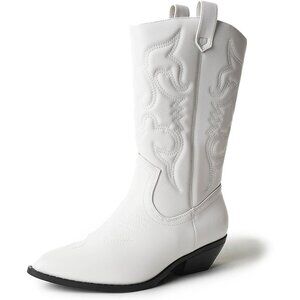 Women Polyurethane White Mid Calf Low Heel Pointed Toe Cowgirl Western Boot